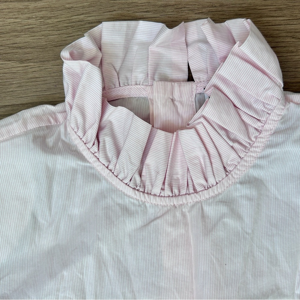 Women’s Sandro Ruffle Neck Pin Stripe Long Sleeve Blouse Top Size Medium - Picture 5 of 13